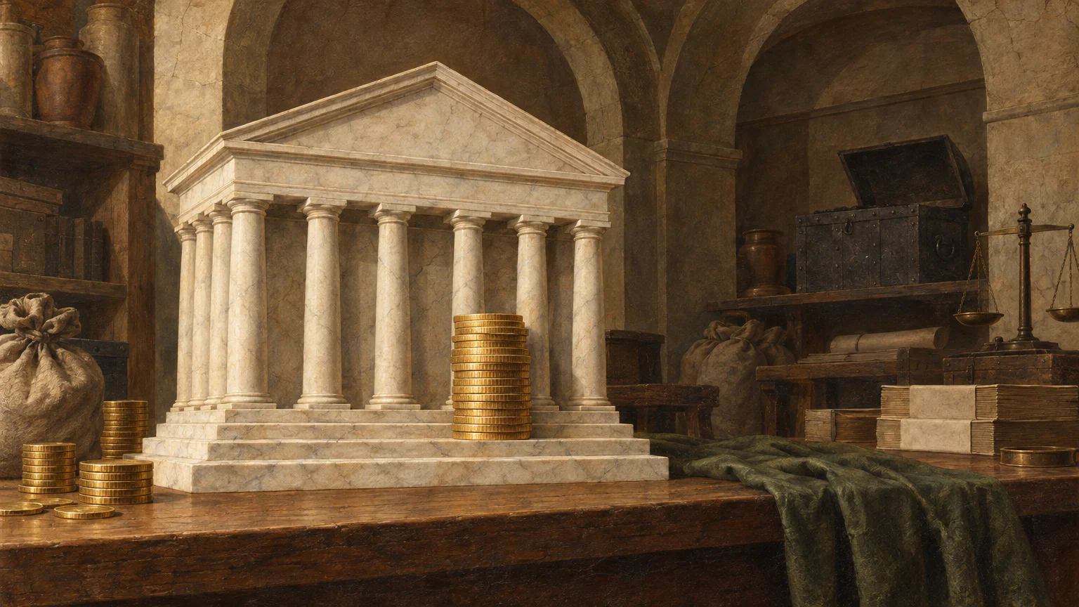 Dipinto in stile affresco: il modellino in marmo di un palazzo della borsa con le colonne su un bancone di quercia, sui suoi gradini una pila di monete d’oro, sullo sfondo un ufficio contabile a volta con un forziere di ferro e una bilancia