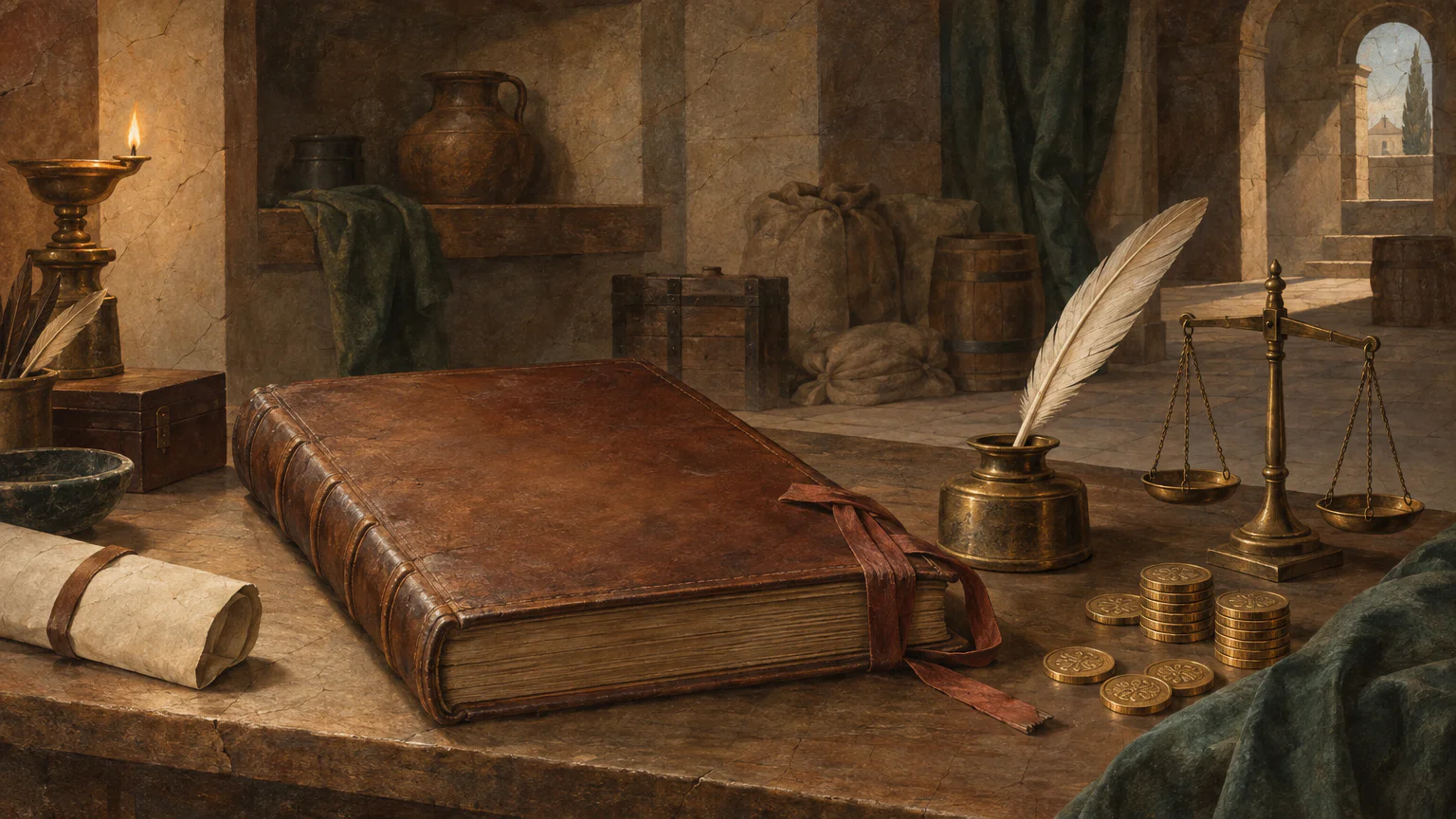 Картина в манере фрески: закрытая кожаная книга учёта, перевязанная лентой, лежит на столе рядом с чернильницей и пером, весами и стопками золотых монет