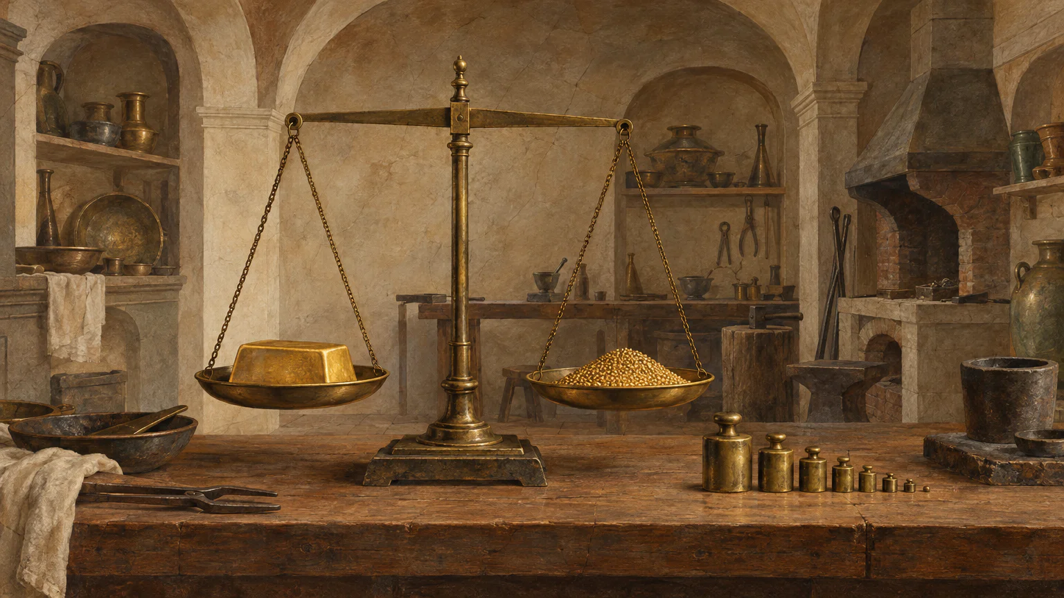 Pintura en estilo fresco: una balanza antigua con un lingote de oro en un platillo y un montoncito de granos de oro en el otro; al lado, una fila de pesas de latón, de la más grande a la diminuta, y detrás, el taller abovedado de un joyero